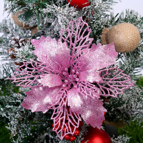 Glitter Christmas Poinsettia Hanging Flowers Xmas Party Tree Decoration