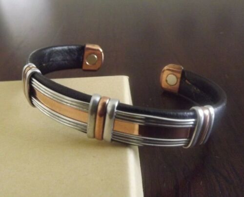 Solid Copper Leather Wrapped Magnetic Bracelet Men Women Energy Jewelry