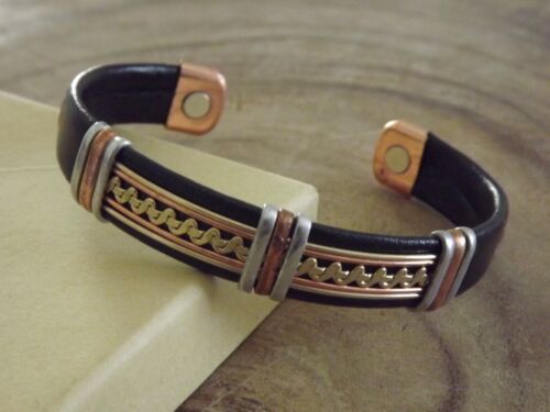 Solid Copper Leather Wrapped Magnetic Bracelet Men Women Energy Jewelry