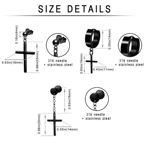 15 Pairs Earrings Men Women Stainless Steel Cross Stud Hoop Set