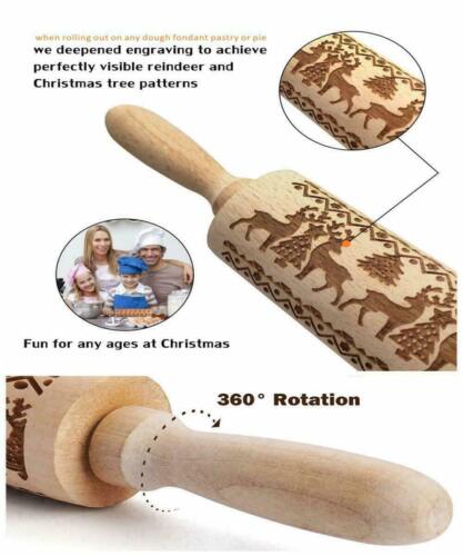 Christmas Wooden Rolling Pin DIY 3D Carved Embossing Roller Cookies Making USA