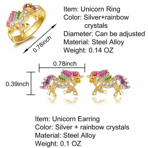 Unicorn Jewelry Set Rainbow Rhinestone Crystal Necklace, Bracelet, Earring,Ring