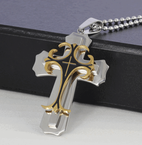 Cross Pendant Necklace Stainless Steel Crucifix Cuban Gold Black Men