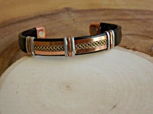 Solid Copper Leather Wrapped Magnetic Bracelet Men Women Energy Jewelry