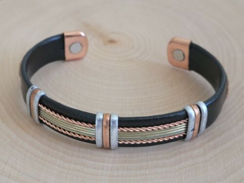 Solid Copper Leather Wrapped Magnetic Bracelet Men Women Energy Jewelry