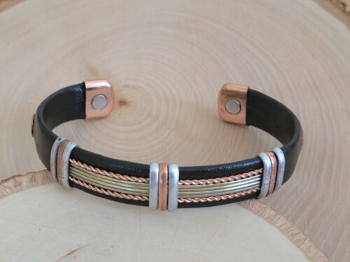 Solid Copper Leather Wrapped Magnetic Bracelet Men Women Energy Jewelry