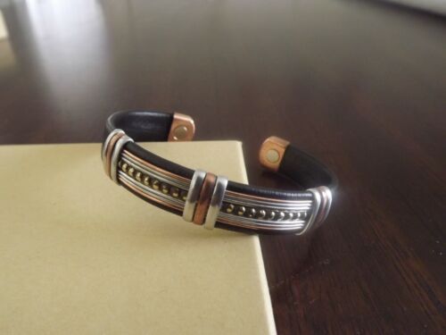 Solid Copper Leather Wrapped Magnetic Bracelet Men Women Energy Jewelry