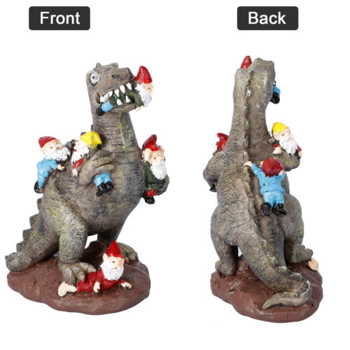 Dinosaur Eating Gnomes Statue Yard Art Resin Outdoor Garden Patio Decor Ornament