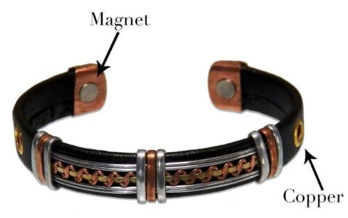 Solid Copper Leather Wrapped Magnetic Bracelet Men Women Energy Jewelry