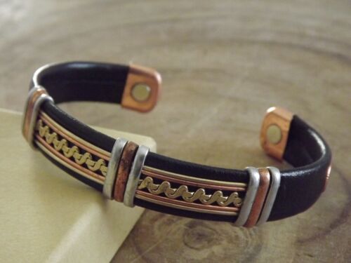 Solid Copper Leather Wrapped Magnetic Bracelet Men Women Energy Jewelry