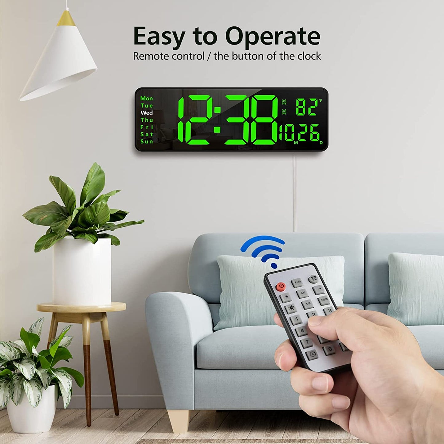 16" Large Digital Wall Clock w/ Remote, Time Date Temp Week-Green