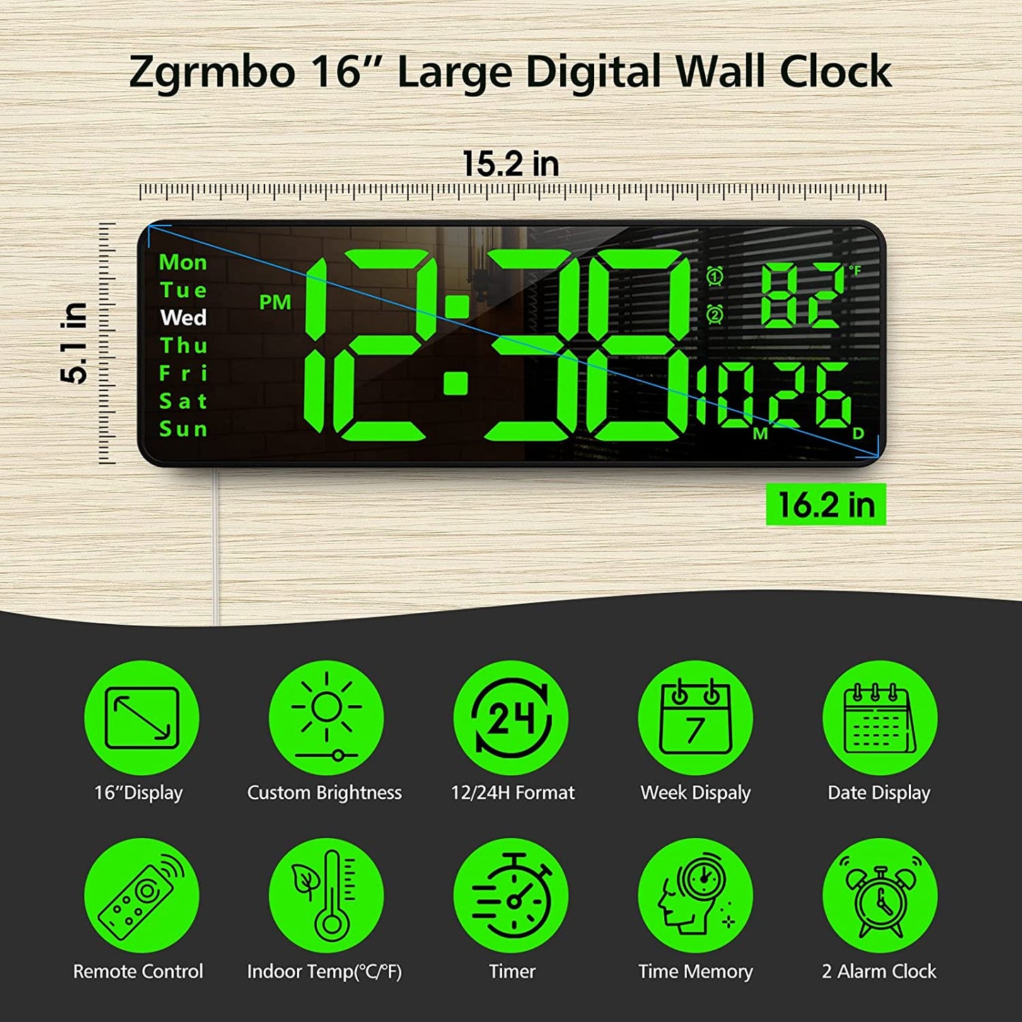 16" Large Digital Wall Clock w/ Remote, Time Date Temp Week-Green